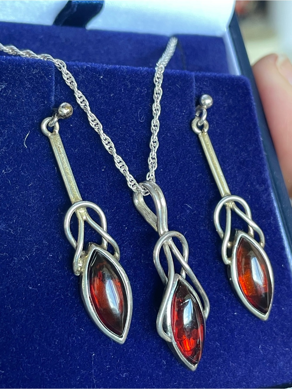 Sterling Silver Red Cherry Baltic Amber Pendant & Earrings Set Art Nouveau styl
